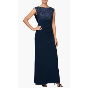Alex Evenings Sequin Floral Bodice Cowl Back Formal Gown Navy 12 NWT Nordstrom